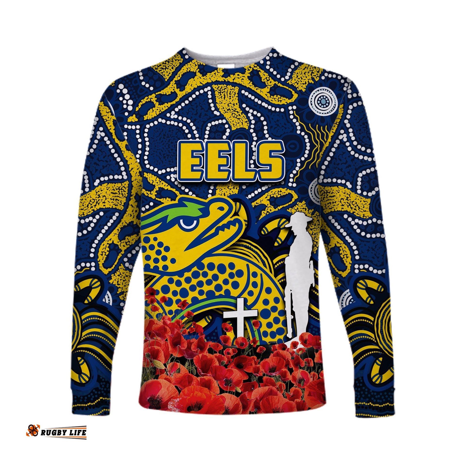 Eels Long Sleeve T-shirts Anzac Day Poppy Flowers With Aboriginal