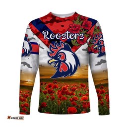 Custom Personalised Sydney Roosters ANZAC Long Sleeve T-shirt Poppy Flowers White