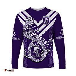 Custom Text And Number Dockers Football Long Sleeve T-shirt Fremantle Anchor Mix Aboriginal Pattern Dynamic Style