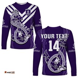 Custom Text And Number Dockers Football Long Sleeve T-shirt Fremantle Anchor Mix Aboriginal Pattern Dynamic Style