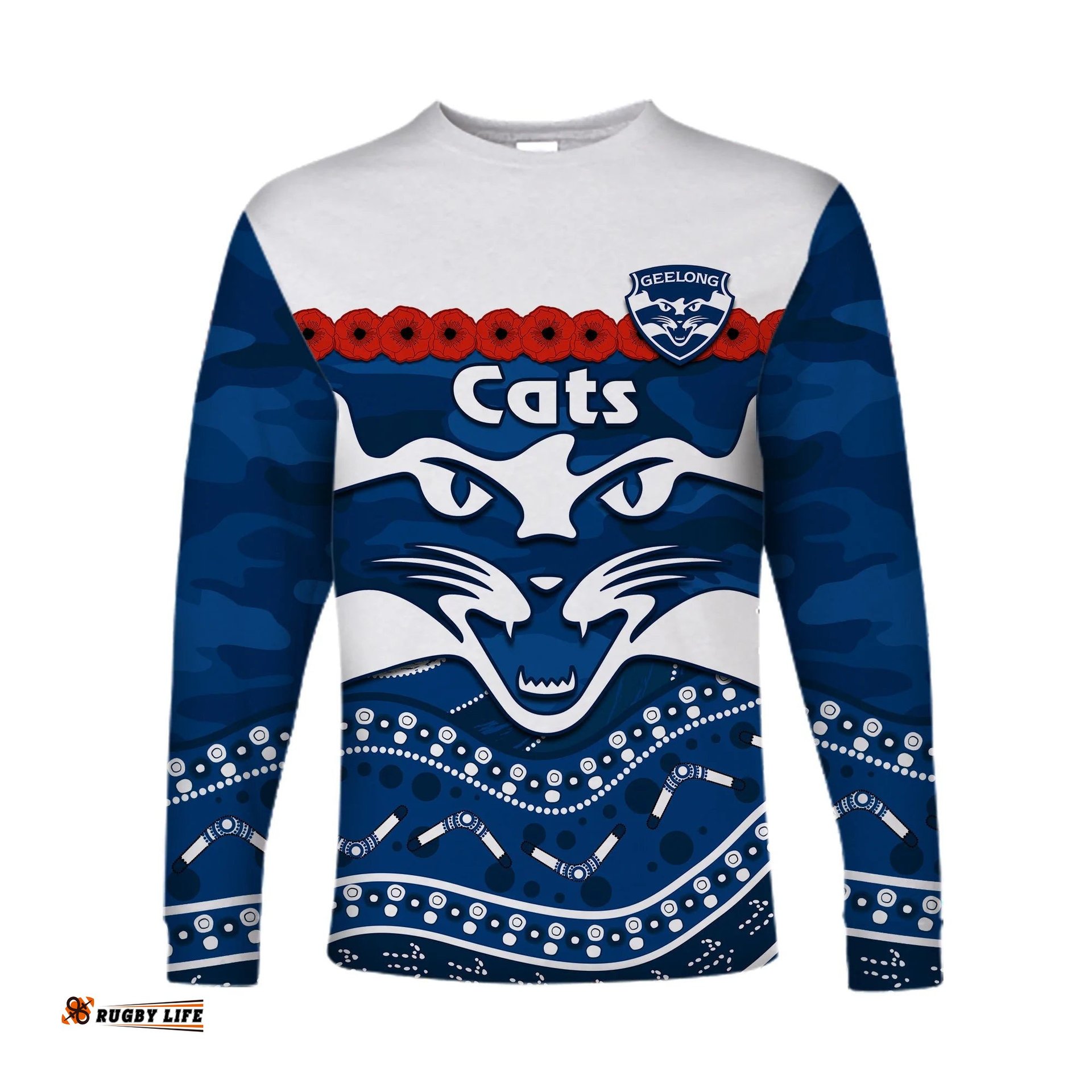 Custom Text And Number Cats Football ANZAC Long Sleeve T-shirt Geelong Camouflage Poppy Mix Aboriginal