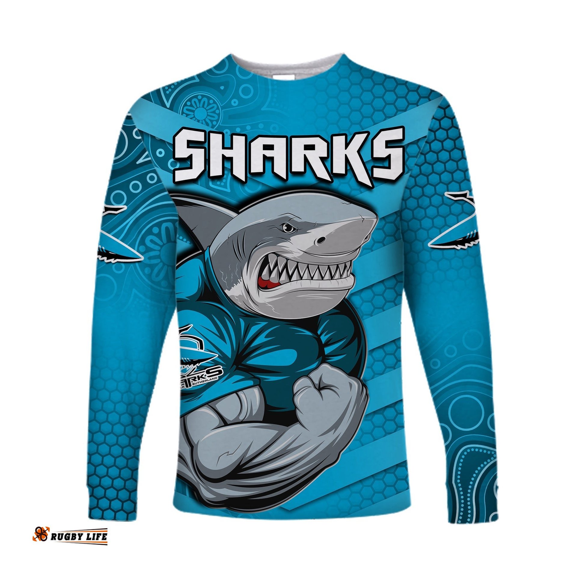 Sharks Rugby Long Sleeve T-shirt Go Sharkies Aboriginal Sporty Version