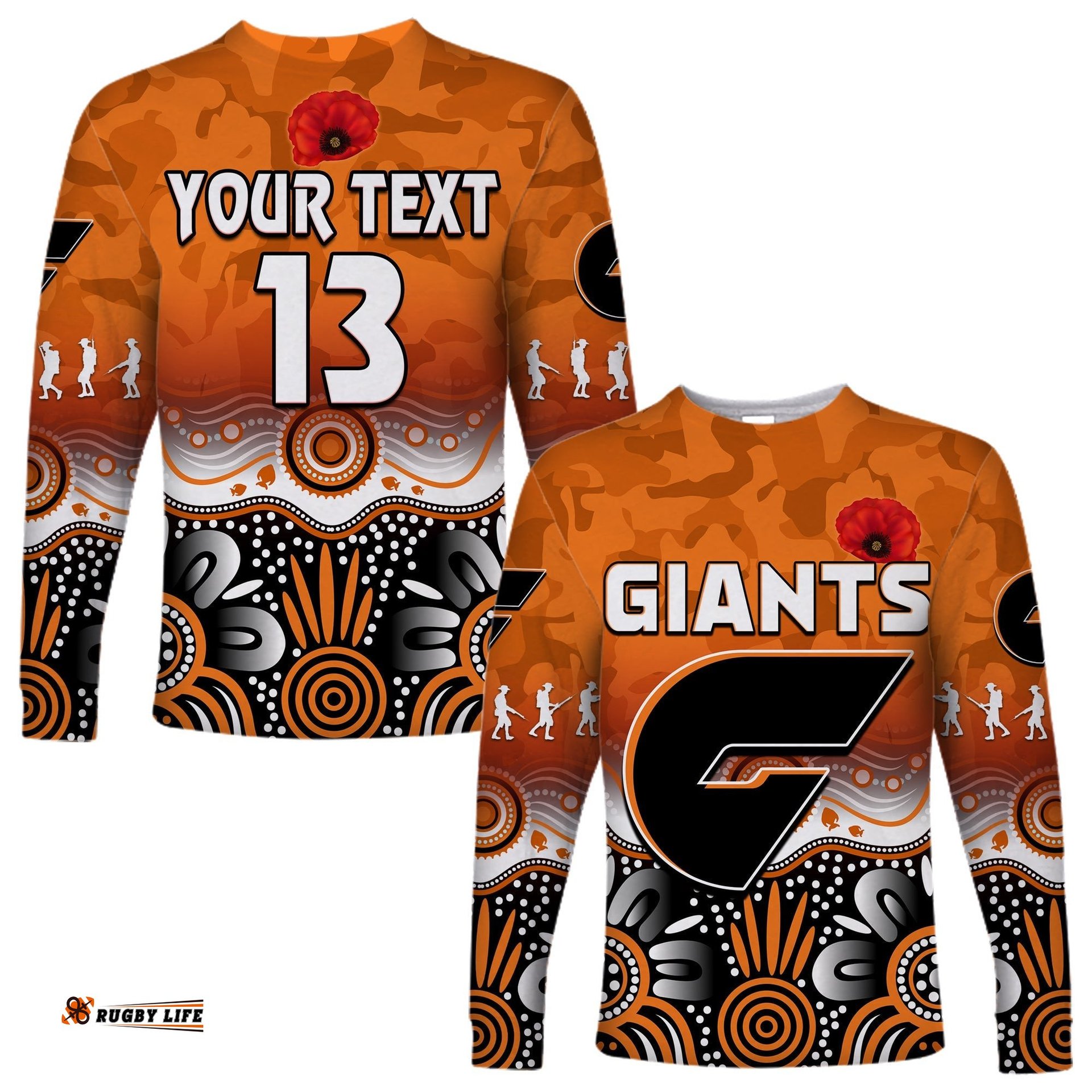 Custom Text and Number Giants Anzac Long Sleeve T-shirt Greater Western Sydney GWS Aboriginal Poppy