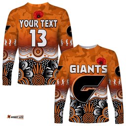 Custom Text and Number Giants Anzac Long Sleeve T-shirt Greater Western Sydney GWS Aboriginal Poppy