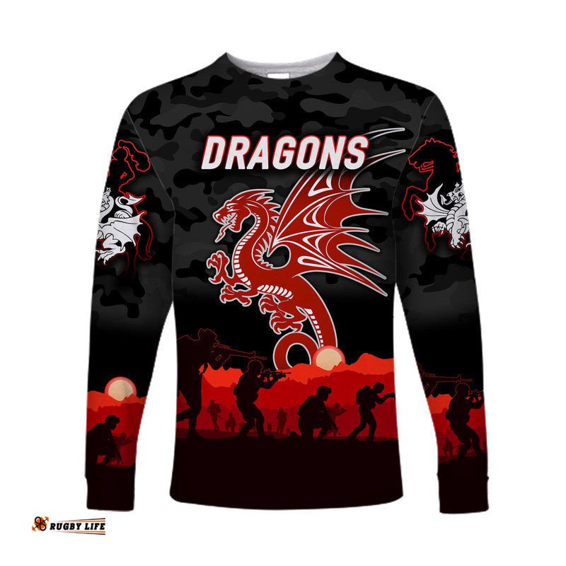 St. George Illawarra Dragons ANZAC Long Sleeve T-shirt Simple Style Black