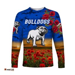 Custom Personalised Canterbury Bankstown Bulldogs ANZAC Long Sleeve T-shirt Poppy Flowers Blue