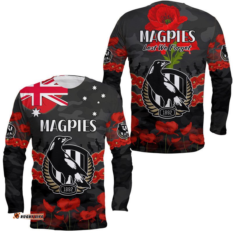 Magpies Football ANZAC Long Sleeve T-shirt Lest We Forget