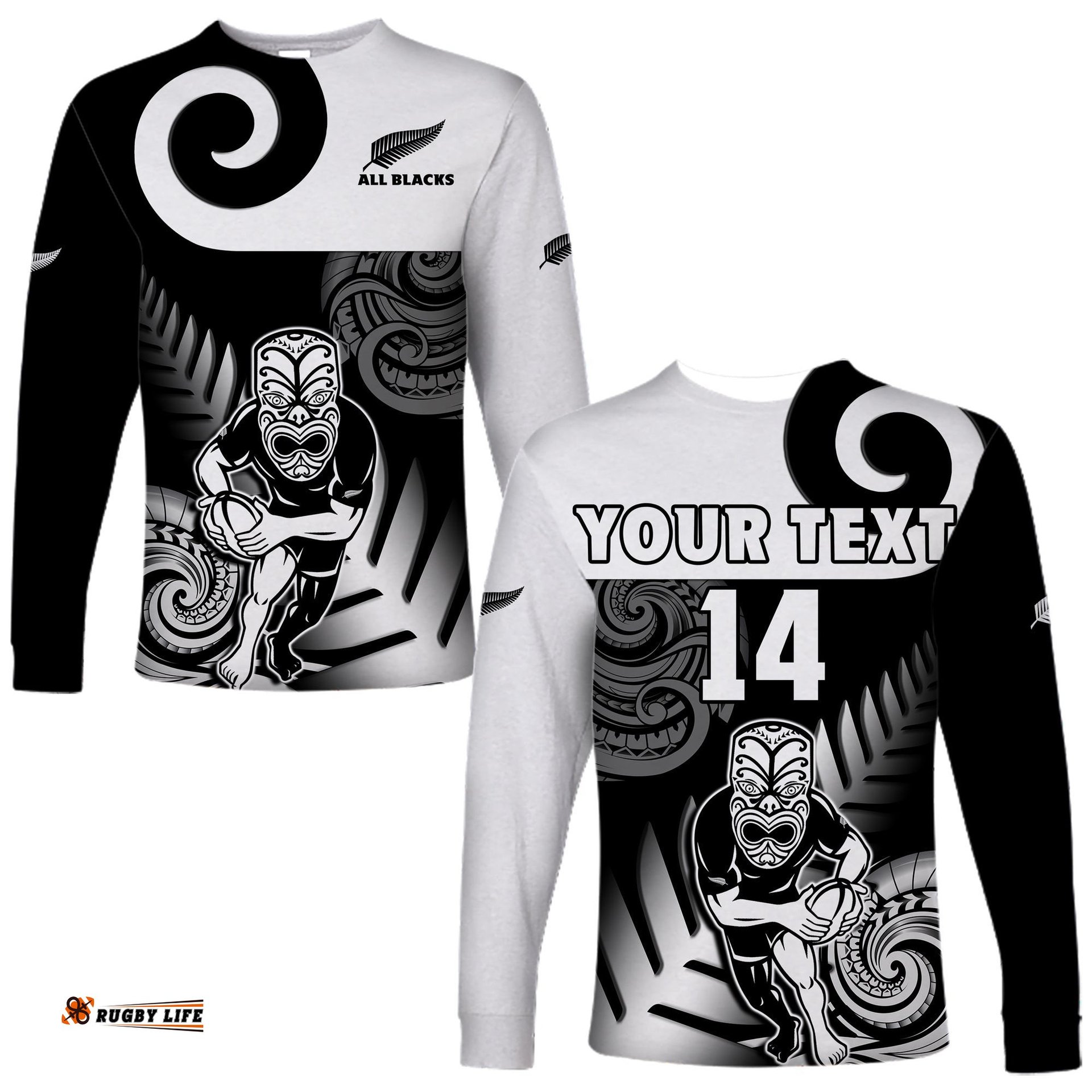 Custom Text And Number New Zealand Silver Fern Rugby Long Sleeve T-shirt All Black Maori Koru