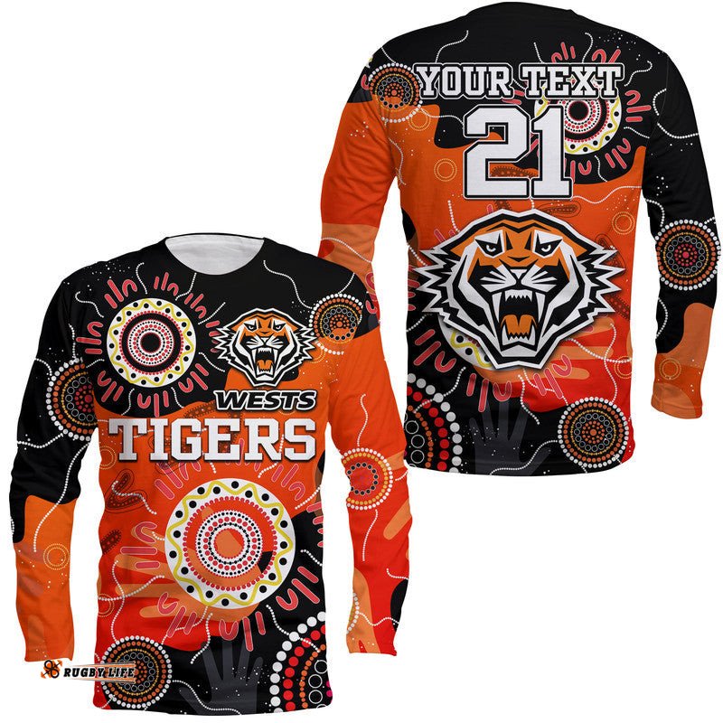 Custom Text And Number Wests Tigers Indigenous Aboriginal Rugby Long Sleeve T-shirt