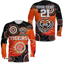 Custom Text And Number Wests Tigers Indigenous Aboriginal Rugby Long Sleeve T-shirt