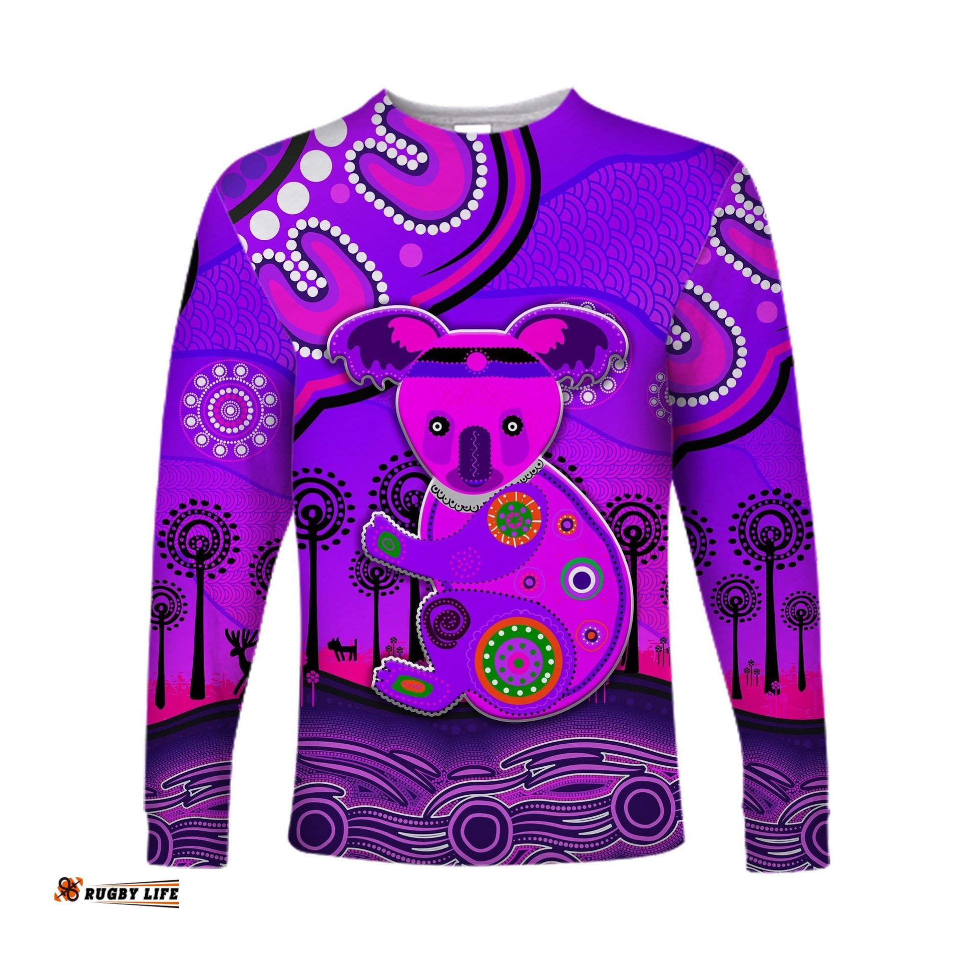 Custom Personalised Aboriginal Art Koala Long Sleeve T-shirt Indigenous Unique Purple