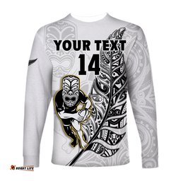 Custom Text And Number New Zealand Silver Fern Rugby Long Sleeve T-shirt All Black Maori Version White