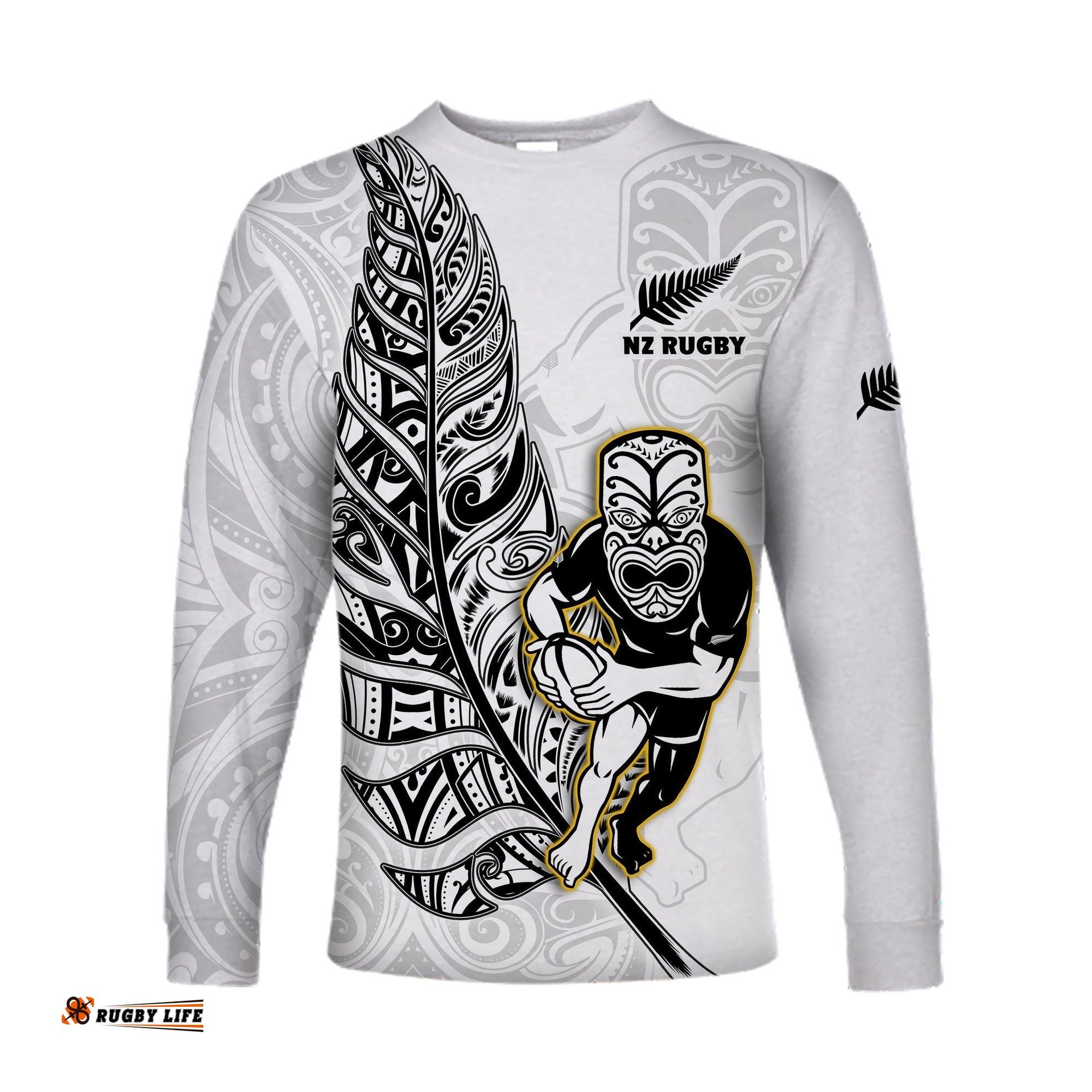 Custom Text And Number New Zealand Silver Fern Rugby Long Sleeve T-shirt All Black Maori Version White