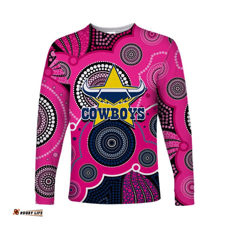 Custom Personalised And Number Cowboys Rugby Long Sleeve T-shirts Aboriginal Pink Jersey