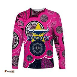 Custom Personalised And Number Cowboys Rugby Long Sleeve T-shirts Aboriginal Pink Jersey