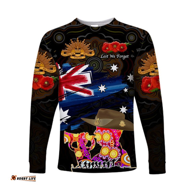 Custom Personalised Australia Aboriginal ANZAC Long Sleeve T-shirt Remembrance Black