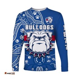 Custom Text And Number Bulldogs Football Long Sleeve T-shirt Scraggers 1877 Aboriginal Dot Painting Newest Version
