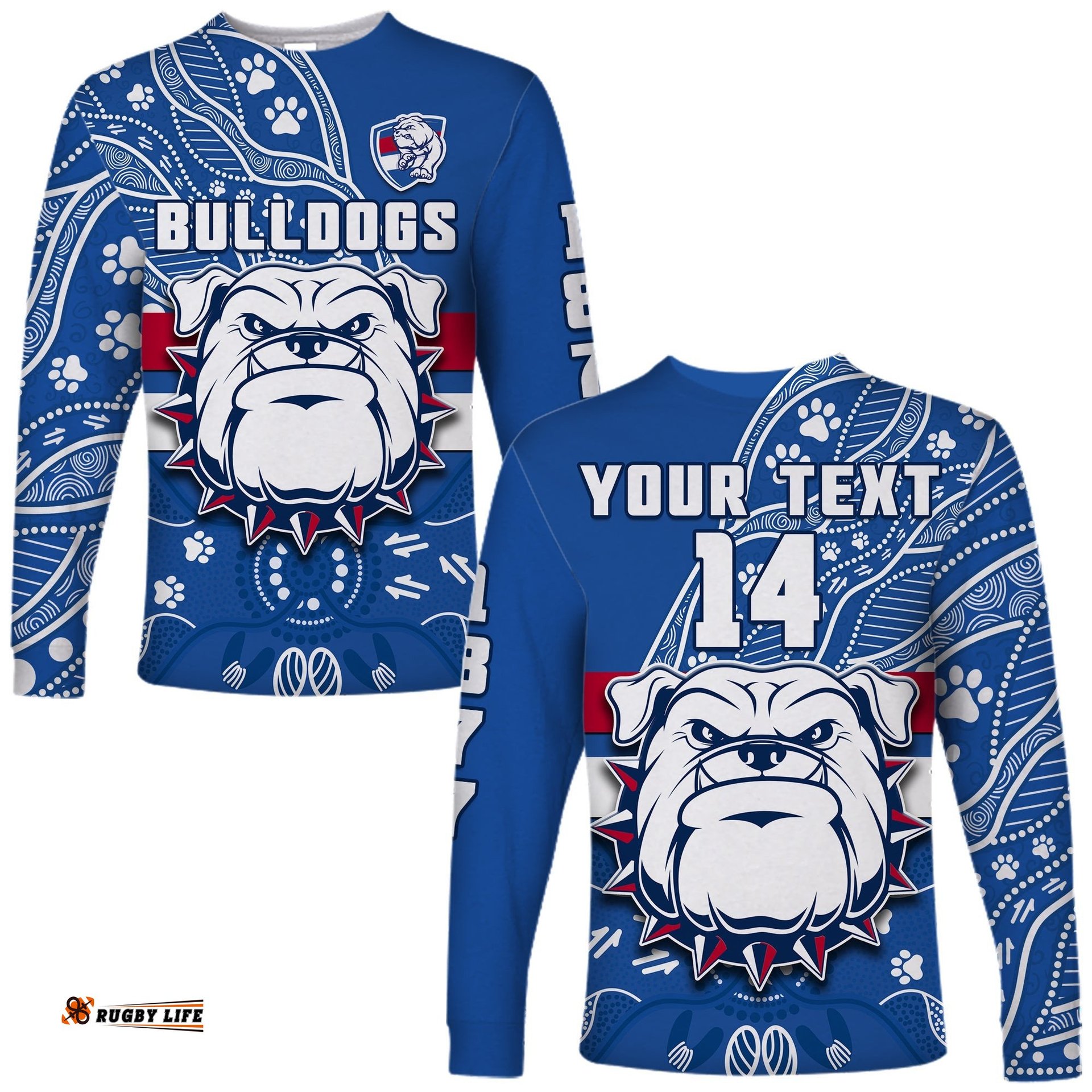 Custom Text And Number Bulldogs Football Long Sleeve T-shirt Scraggers 1877 Aboriginal Dot Painting Newest Version