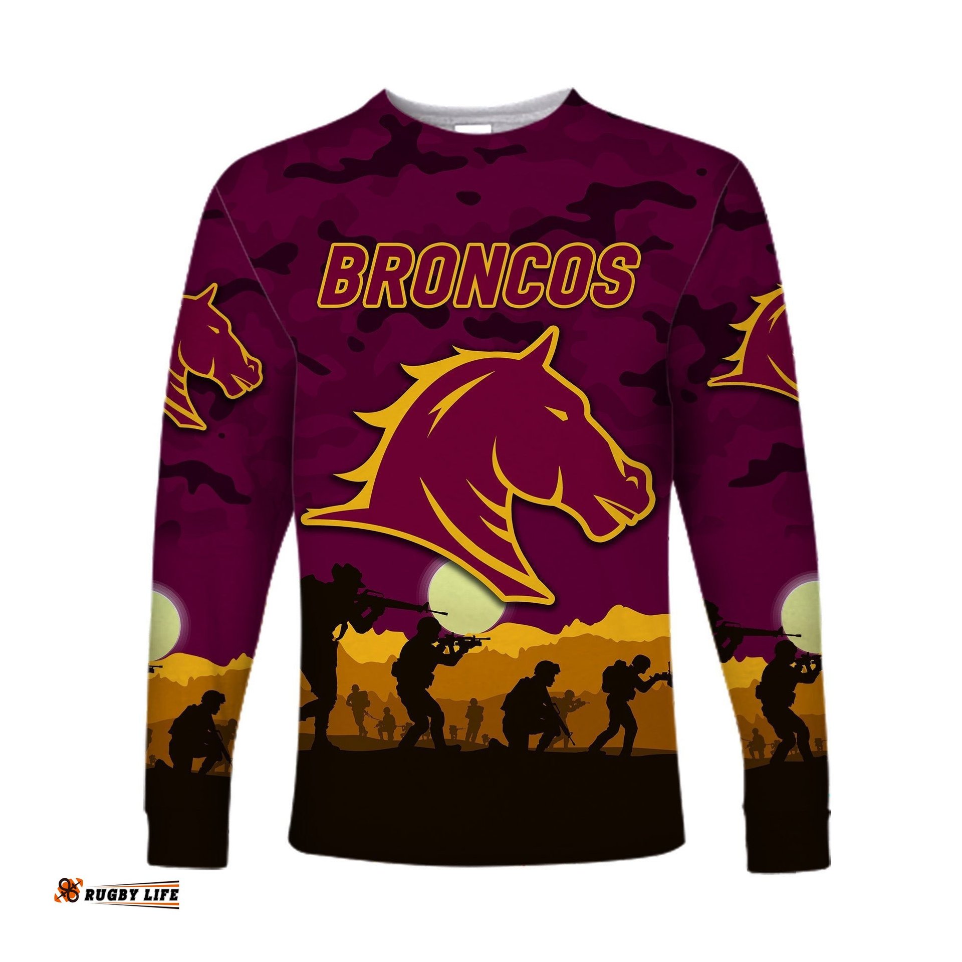 Brisbane Broncos ANZAC Long Sleeve T-shirt Simple Style Maroon