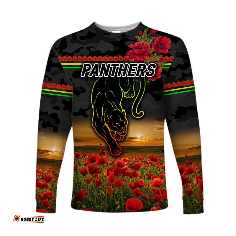 Penrith Panthers ANZAC Long Sleeve T-shirt Poppy Flowers Black