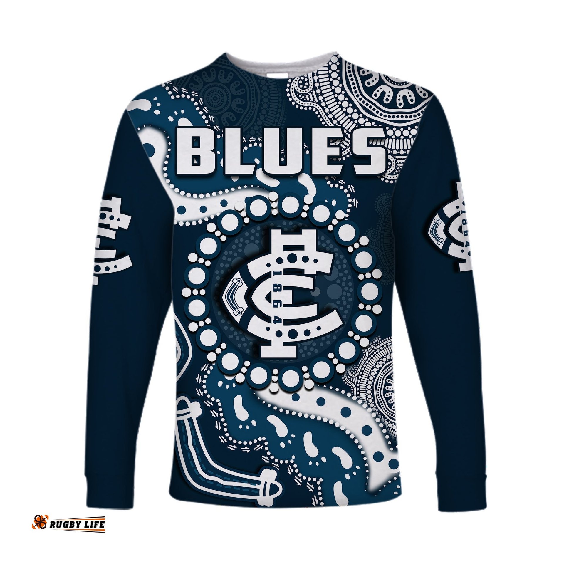 Carlton Football Long Sleeve T-shirt Blues 1864 Boomerang Indigenous Artsy