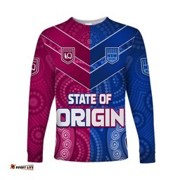 Custom Text and Number Blues and Maroons Rugby Long Sleeve T-shirt Origin NSW Combine Queensland Aboriginal Australian