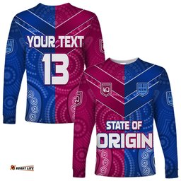 Custom Text and Number Blues and Maroons Rugby Long Sleeve T-shirt Origin NSW Combine Queensland Aboriginal Australian
