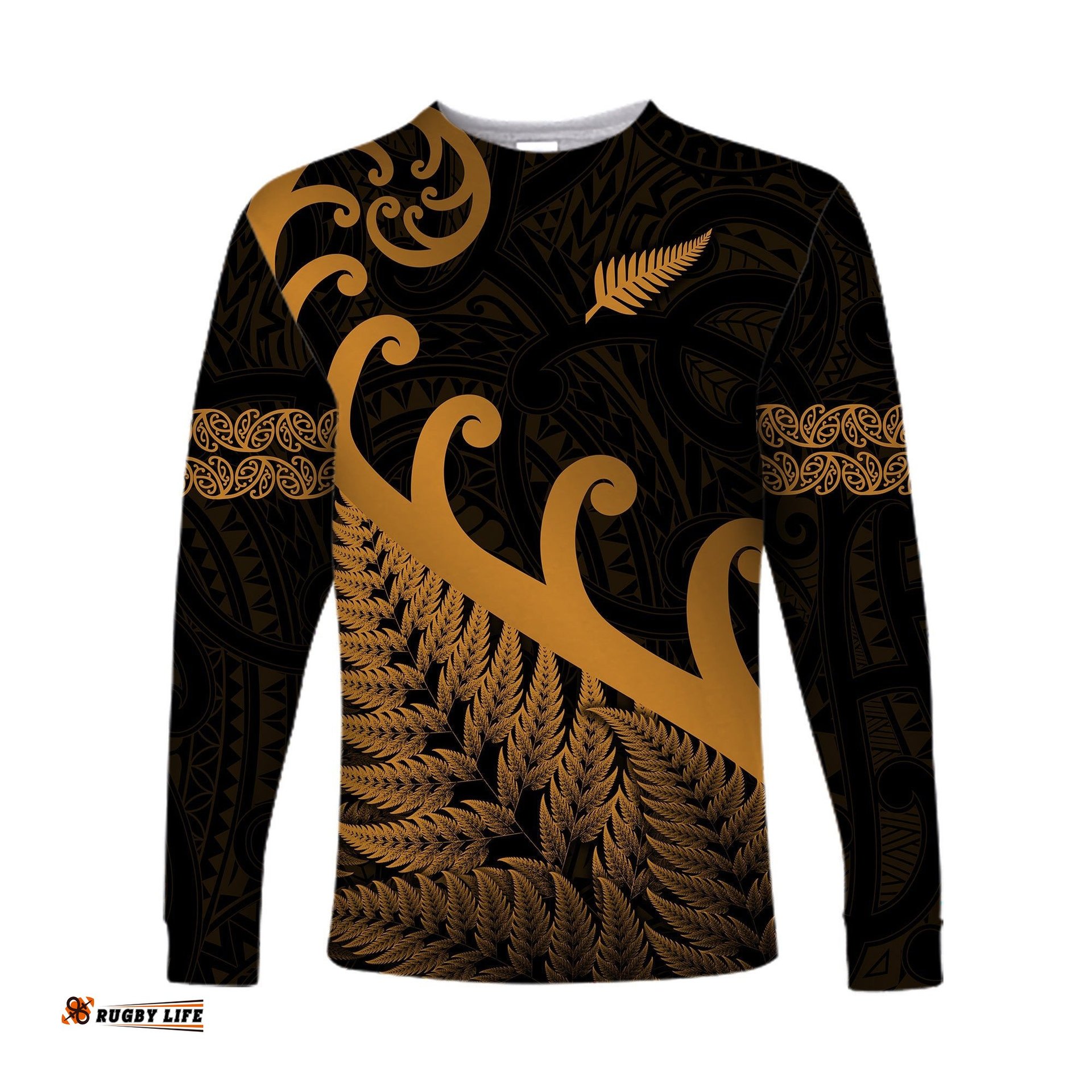 New Zealand Rugby Maori Long Sleeve T-shirt Silver Fern Koru Gold