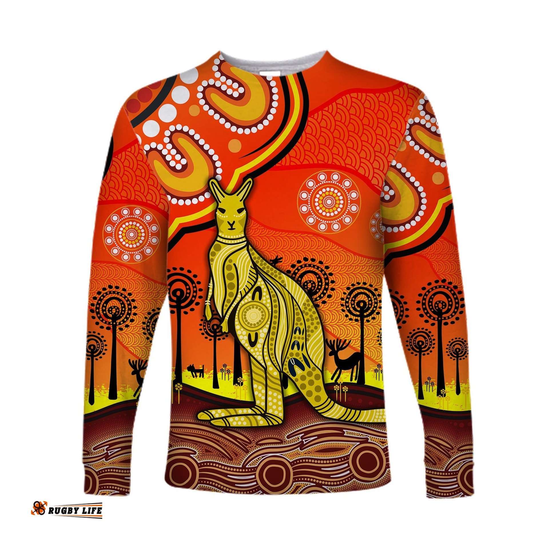 Custom Personalised Aboriginal Art Kangaroo Long Sleeve T-shirt Indigenous Unique Orange