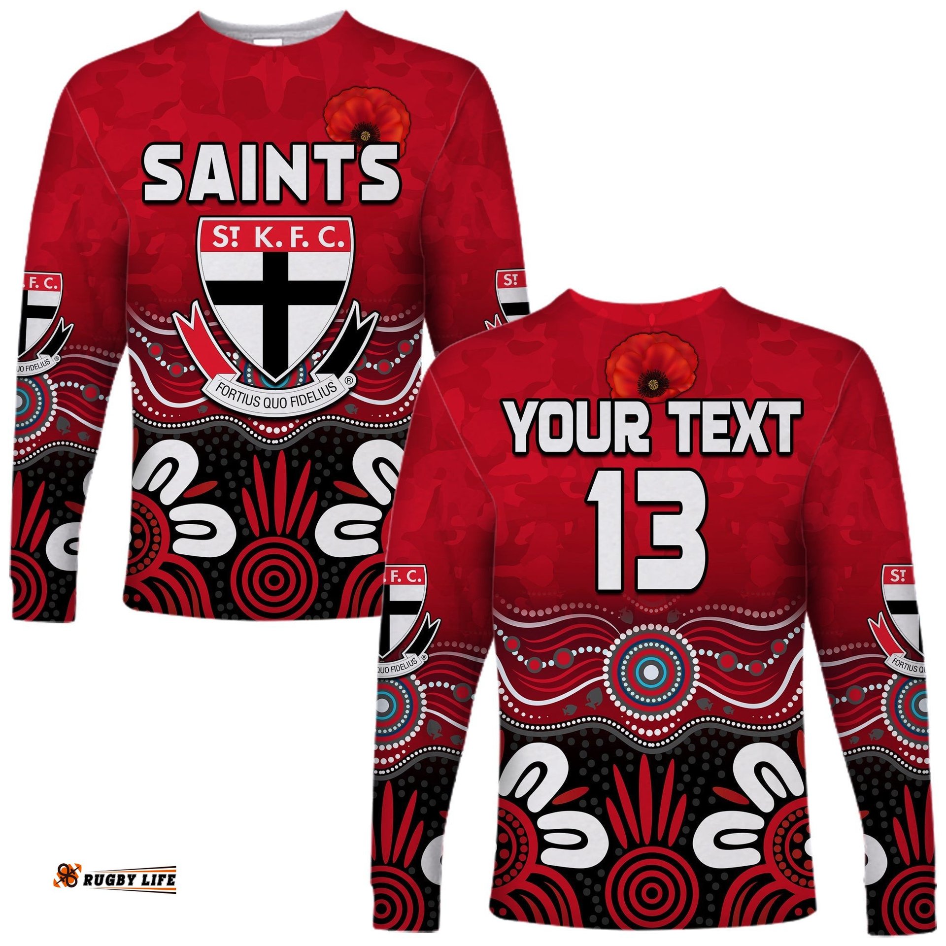 Custom Text and Number Saints Anzac Long Sleeve T-shirt St Kilda Aboriginal Remember Them