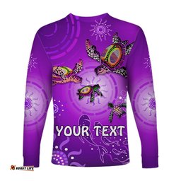 Custom Personalised Australian Aboriginal Long Sleeve T-shirt Happy Turtle Family Version Purple