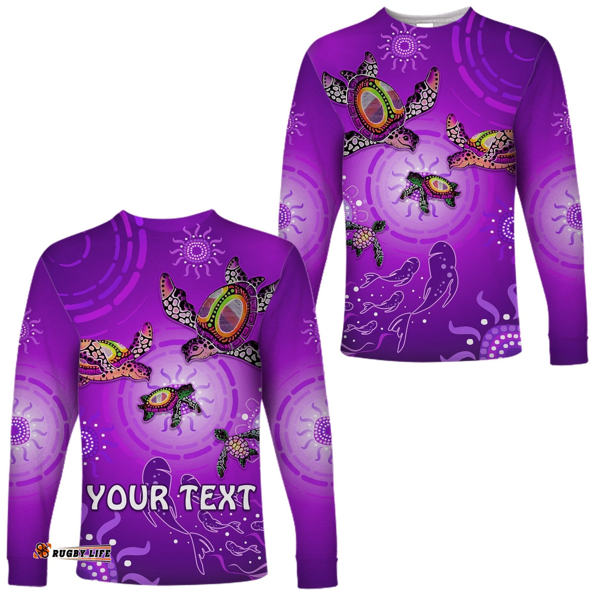 Custom Personalised Australian Aboriginal Long Sleeve T-shirt Happy Turtle Family Version Purple