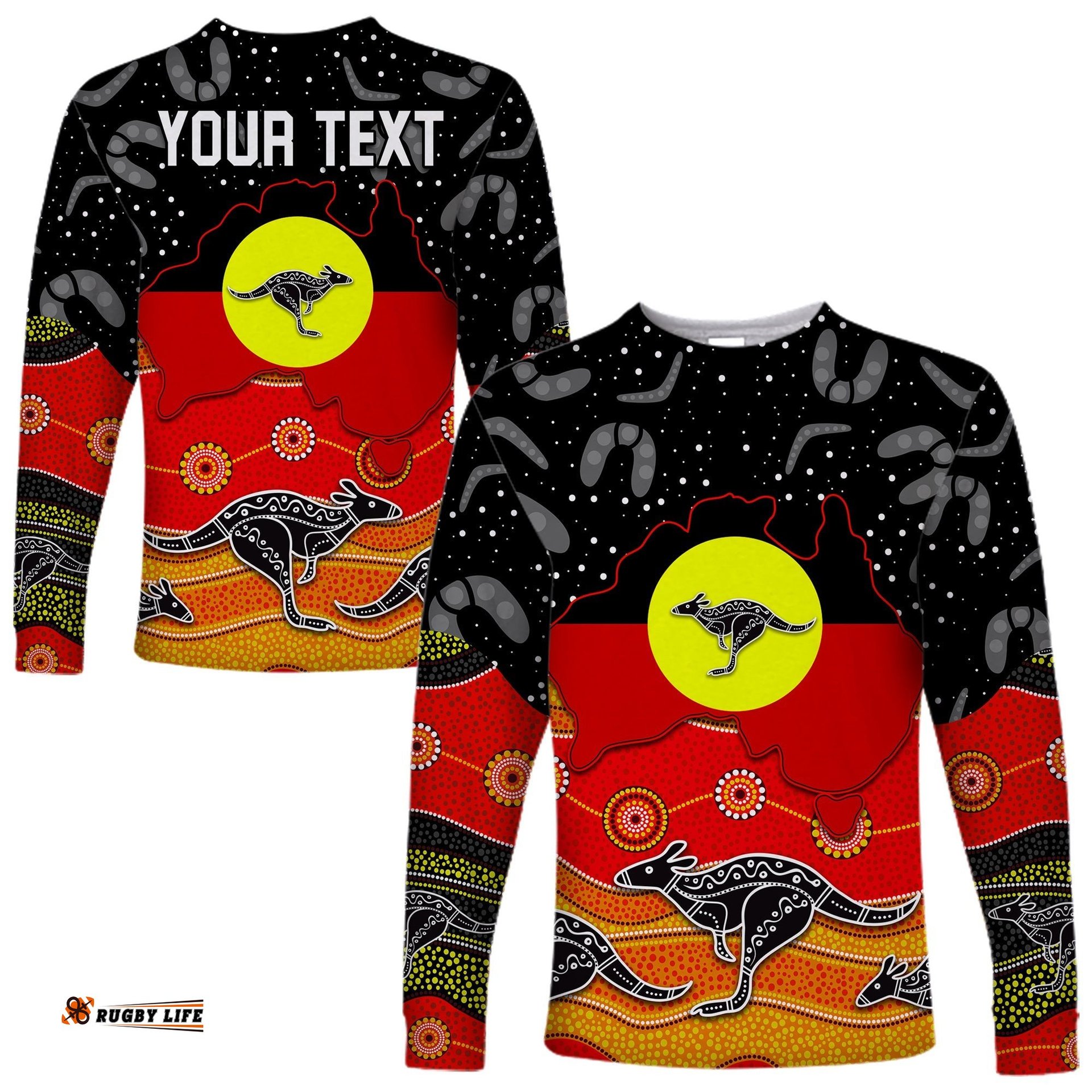 Custom Personalised Aboriginal Flag Long Sleeve T-shirt Map Aussie