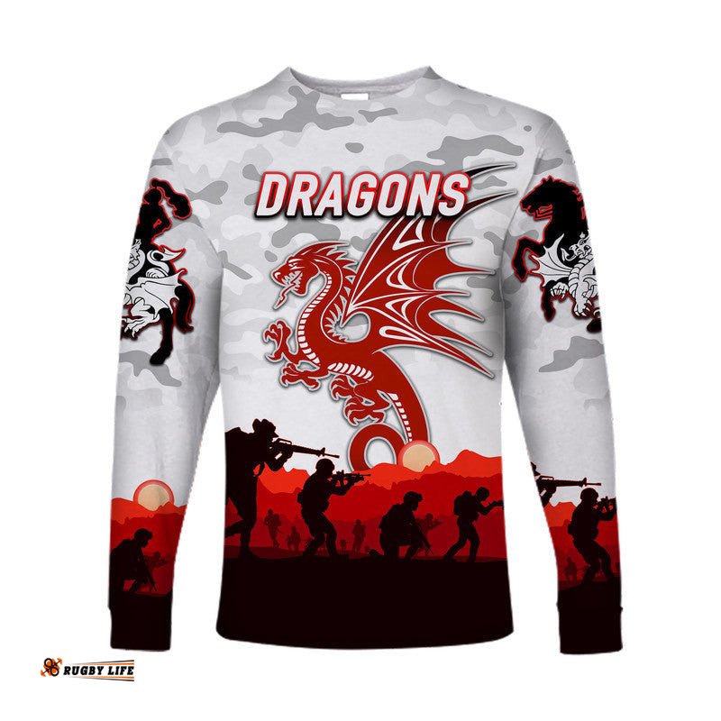 Custom Personalised St. George Illawarra Dragons ANZAC Long Sleeve T-shirt Simple Style White