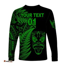 Custom Personalised New Zealand Haka Rugby Maori Long Sleeve T-shirt Silver Fern Green
