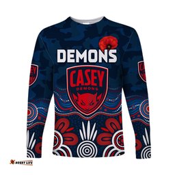 Custom Text and Number Demons Anzac Long Sleeve T-shirt Casey Football Aboriginal Poppy