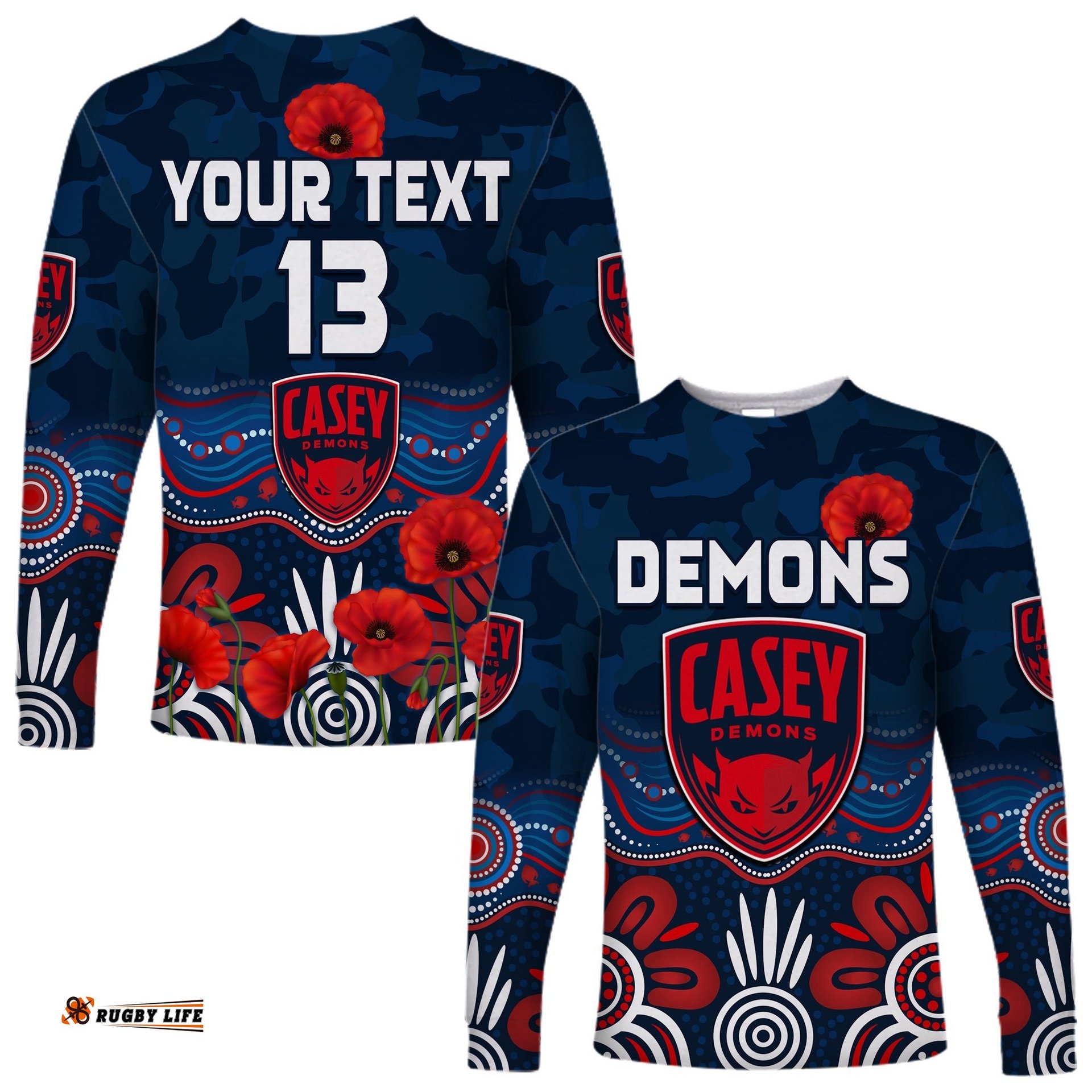 Custom Text and Number Demons Anzac Long Sleeve T-shirt Casey Football Aboriginal Poppy