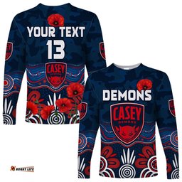 Custom Text and Number Demons Anzac Long Sleeve T-shirt Casey Football Aboriginal Poppy