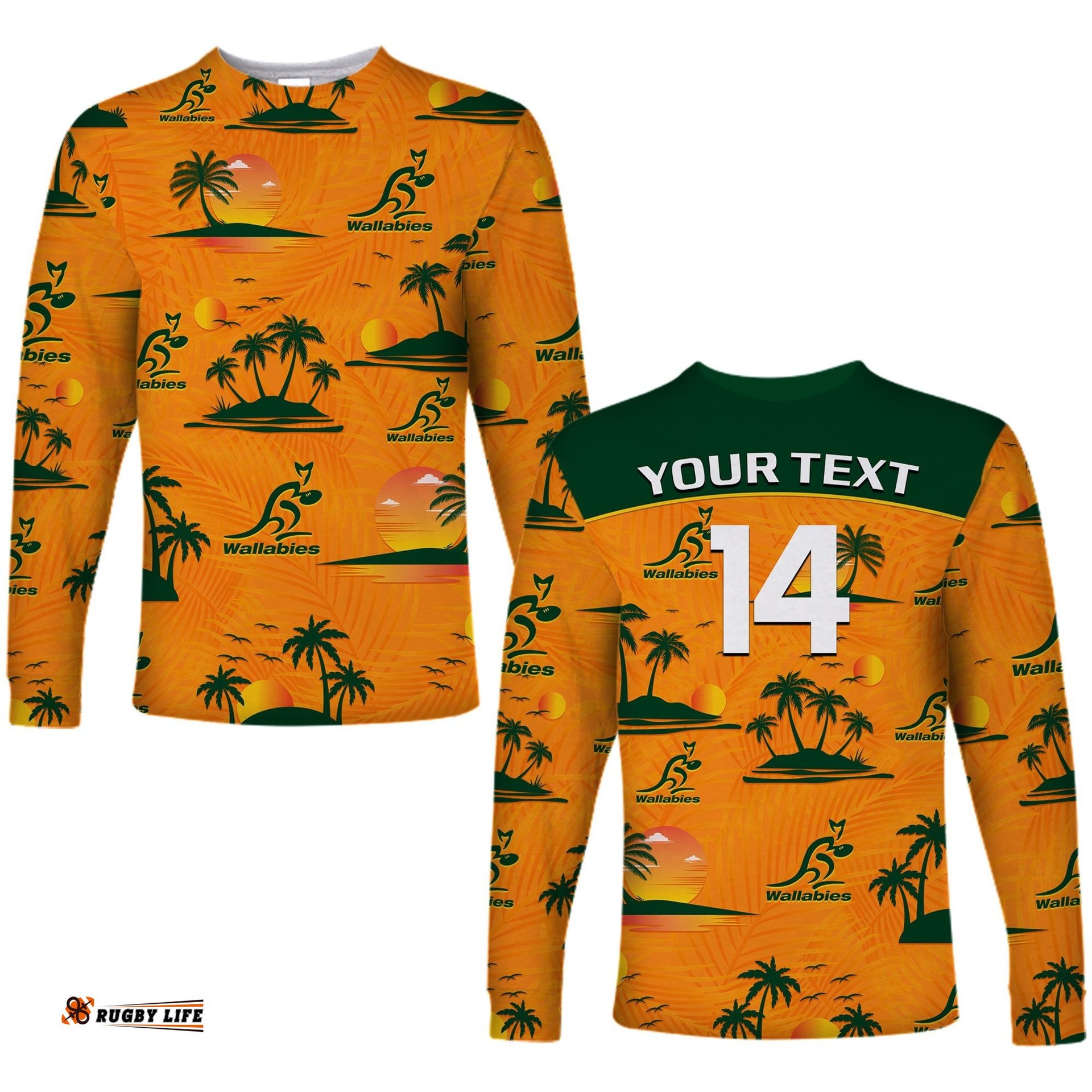 Custom Text And Number Wallabies Australian Rugby Long Sleeve T-shirt Hawaii Style