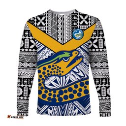 Custom Text and Number Eels Rugby Long Sleeve T-shirt Polynesian Tapa Pattern Premiers