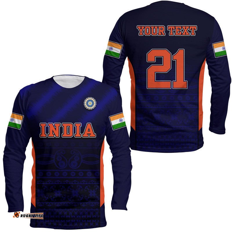 Custom Personalised India National Cricket Team Long Sleeve T-shirt Men In Blue Sports Style