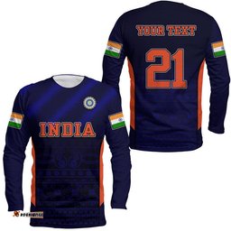 Custom Personalised India National Cricket Team Long Sleeve T-shirt Men In Blue Sports Style
