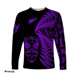 New Zealand Haka Rugby Maori Long Sleeve T-shirt Silver Fern Purple