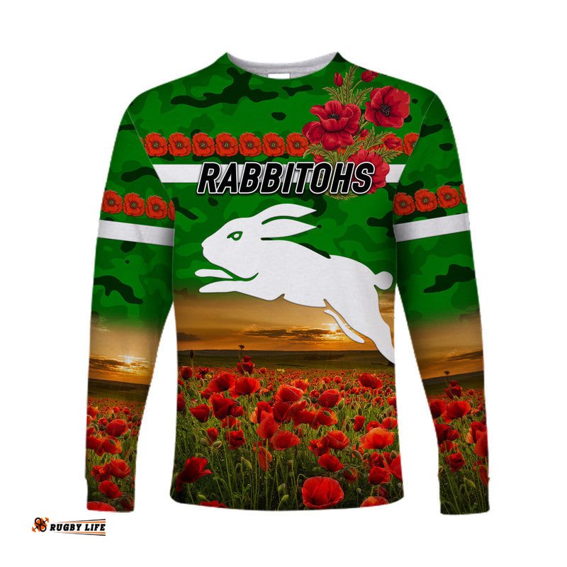 Custom Personalised South Sydney Rabbitohs ANZAC Long Sleeve T-shirt Poppy Flowers Green