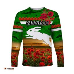 Custom Personalised South Sydney Rabbitohs ANZAC Long Sleeve T-shirt Poppy Flowers Green
