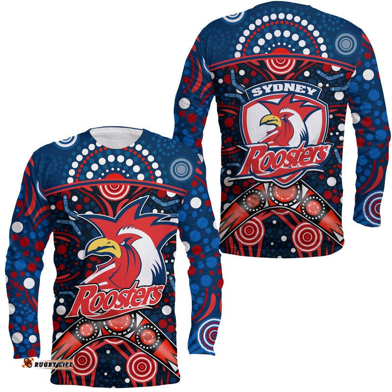 Roosters Rugby Long Sleeve T-shirt Boomerang Indigenous Dots