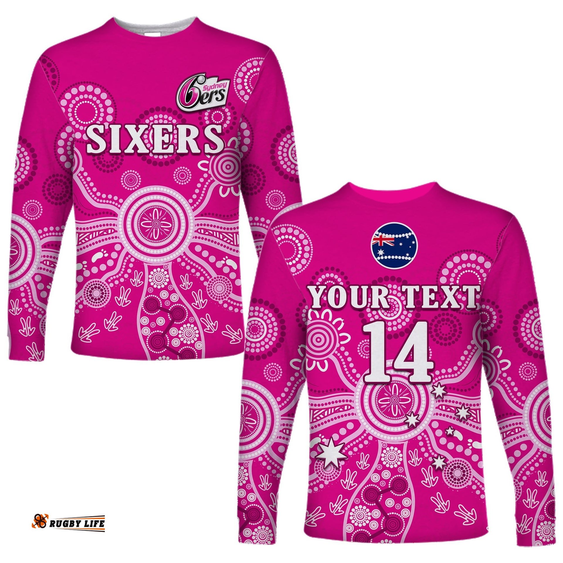 Custom Text And Number Sydney Sixers Long Sleeve T-shirt Cricket Indigenous Australian Art Ver.02