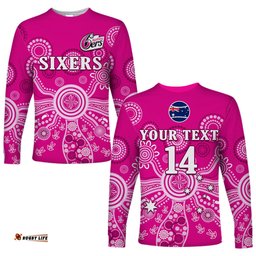 Custom Text And Number Sydney Sixers Long Sleeve T-shirt Cricket Indigenous Australian Art Ver.02