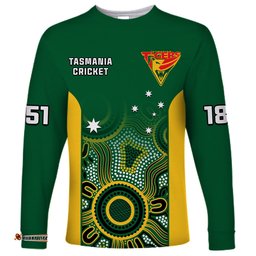 Custom Text And Number Tasmania Cricket Long Sleeve T-shirt Tigers Sheffield Shield Indigenous
