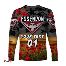 Custom Personalised Essendon Bombers ANZAC Long Sleeve T-shirt Poppy Black
